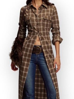 Midi Brown Plaid Button-Front Shirt Dress WORN ONCE!